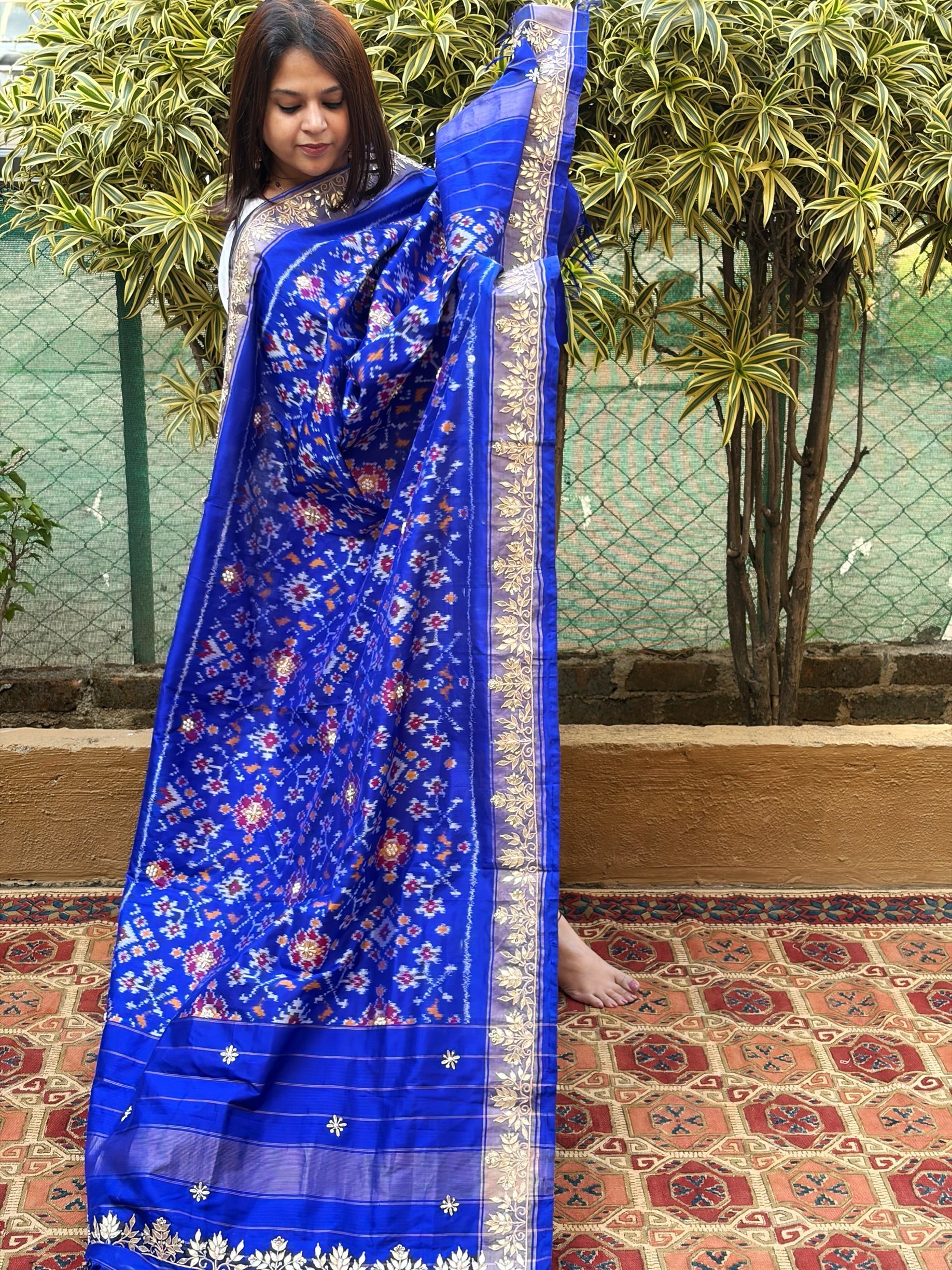 Royal Blue Handwoven Ikat Patola with Gotapatti & Pearl Handwork dupatta in Pure Silk - Masakalee