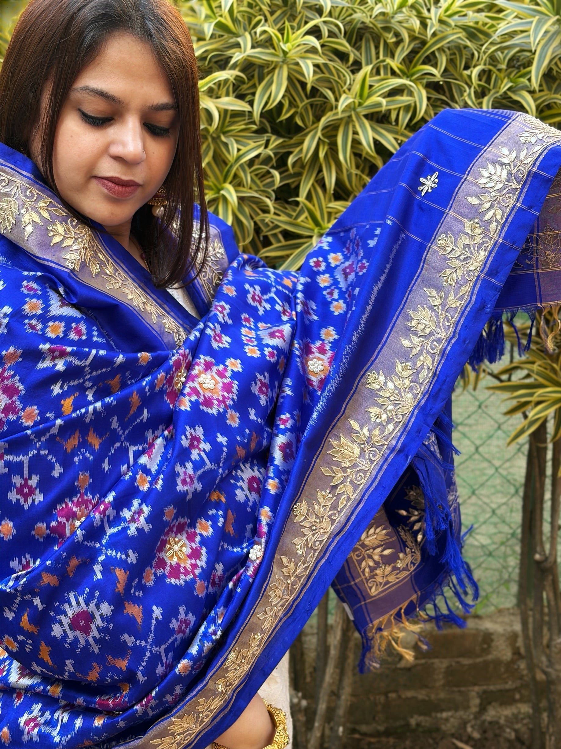 Royal Blue Handwoven Ikat Patola with Gotapatti & Pearl Handwork dupatta in Pure Silk - Masakalee