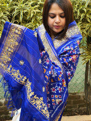 Royal Blue Handwoven Ikat Patola with Gotapatti & Pearl Handwork dupatta in Pure Silk - Masakalee