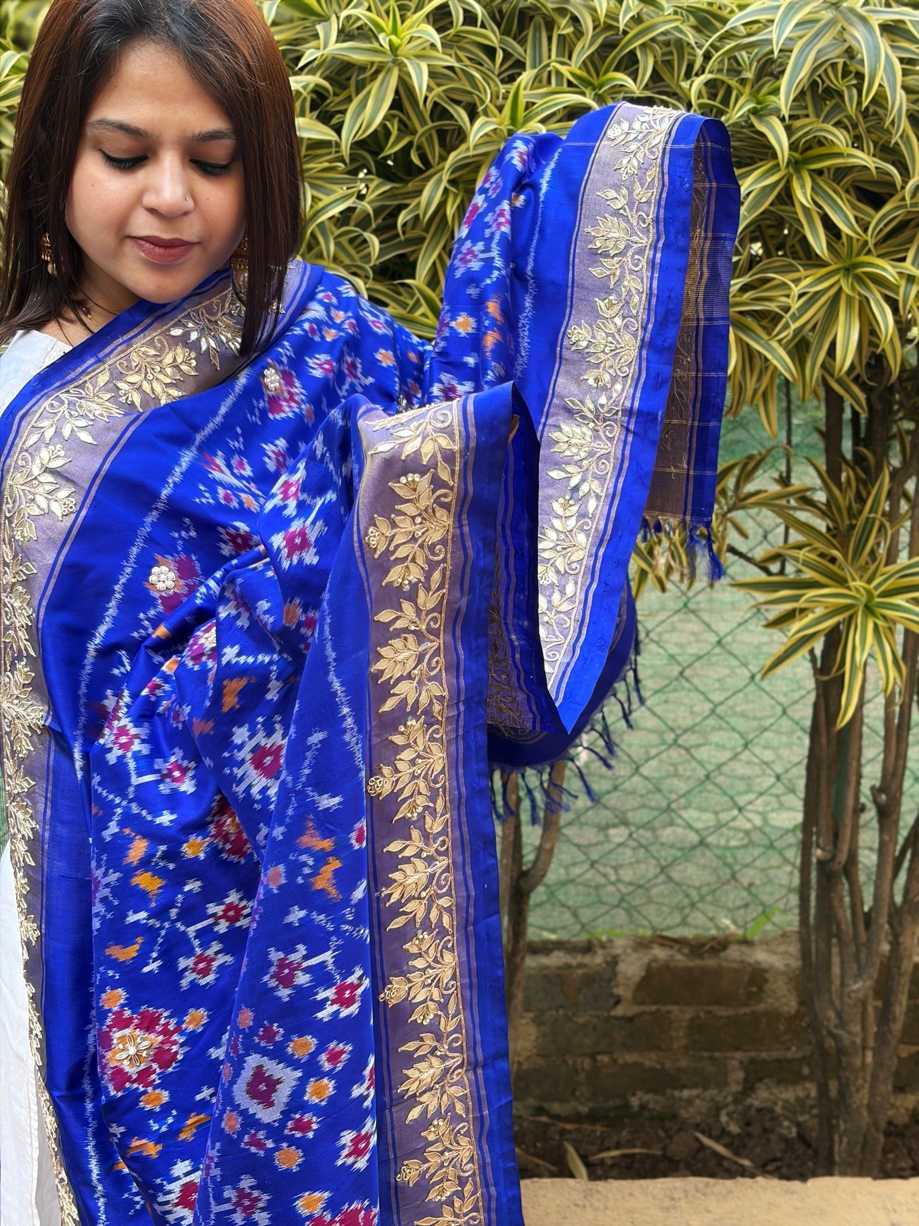 Royal Blue Handwoven Ikat Patola with Gotapatti & Pearl Handwork dupatta in Pure Silk - Masakalee