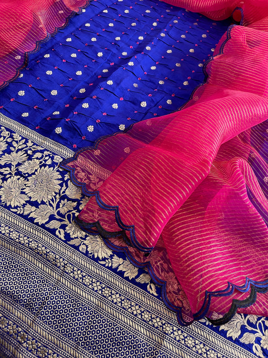 Royal Blue Handwoven Kadwa Banarasi with Hand Bandhani Suit Set in Pure Silk - Masakalee