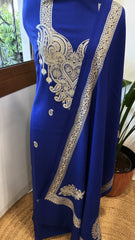 Royal Blue Winter Suit Set with Aari Work in Pashmina Wool - Masakalee