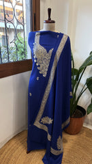 Royal Blue Winter Suit Set with Aari Work in Pashmina Wool - Masakalee