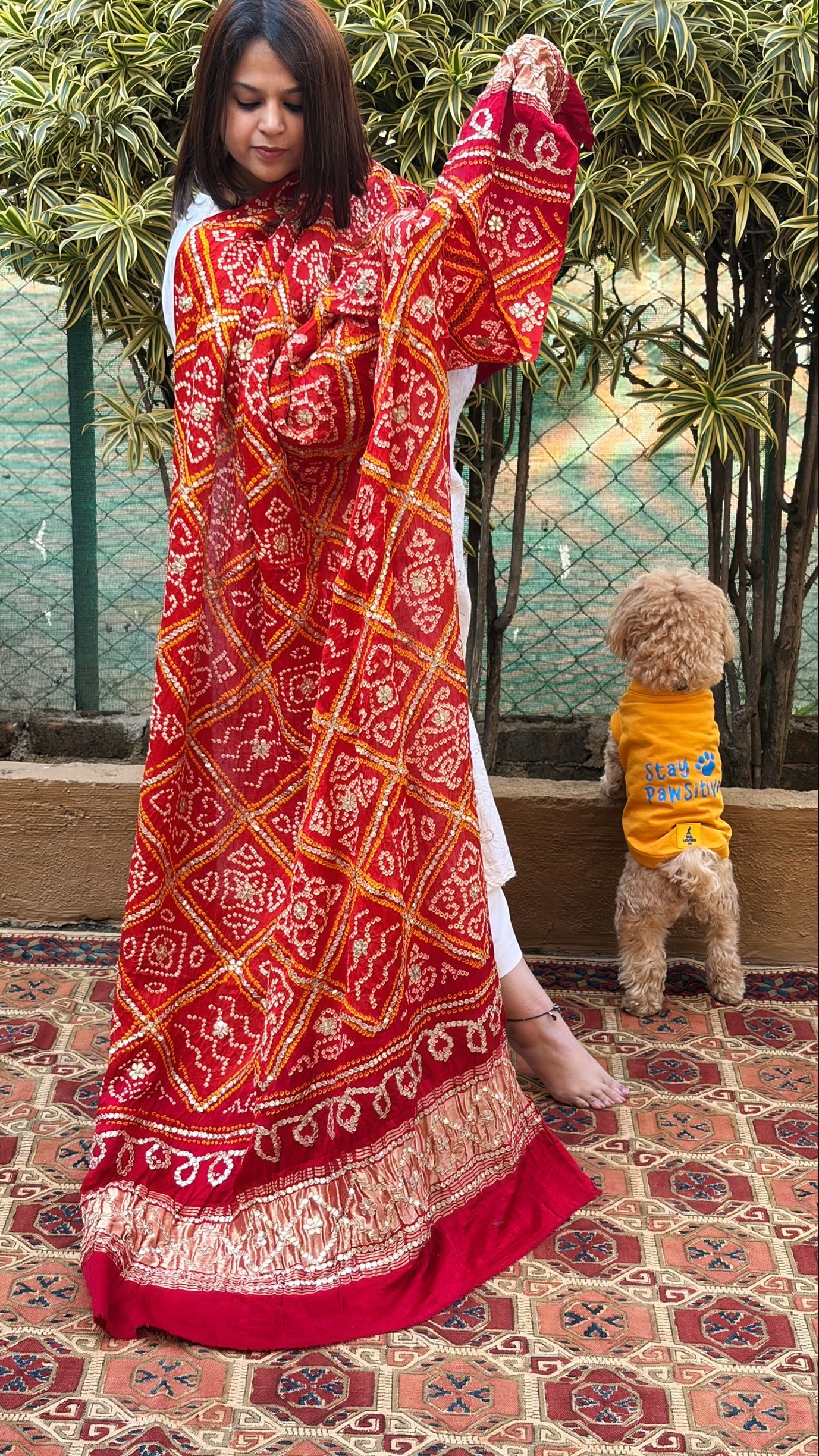 Rust Bandhani Dupatta with Gotapatti Handwork in Pure Silk - Masakalee