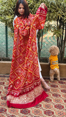 Rust Bandhani Dupatta with Gotapatti Handwork in Pure Silk - Masakalee