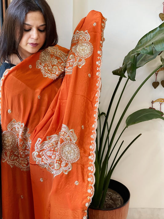 Rust Crepe Dupatta with Pearl, Cut Daana, Gold Thread & Sequin Embroidery - Masakalee