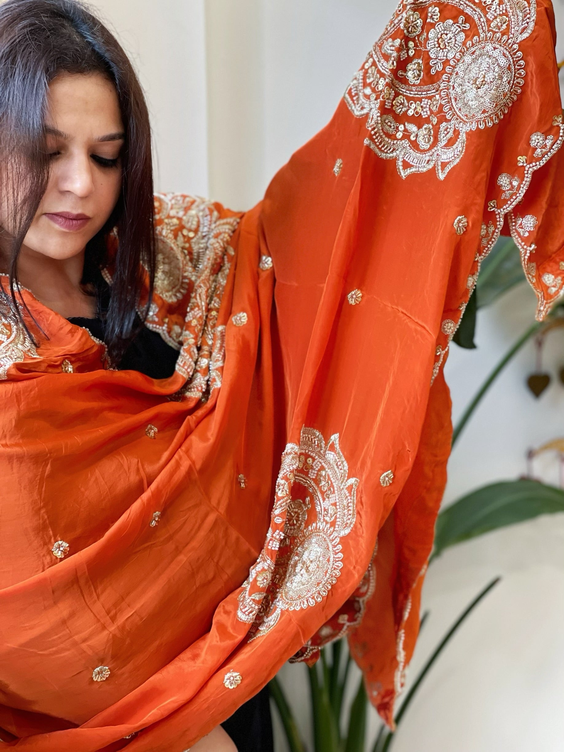 Rust Crepe Dupatta with Pearl, Cut Daana, Gold Thread & Sequin Embroidery - Masakalee