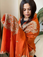 Rust Crepe Dupatta with Pearl, Cut Daana, Gold Thread & Sequin Embroidery - Masakalee