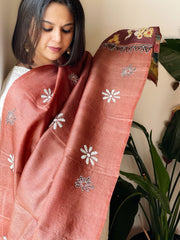 Rust Handpainted Dupatta with Kantha Hand Embroidery in Pure Silk - Masakalee