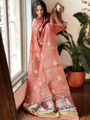 Rust Handpainted Dupatta with Kantha Hand Embroidery in Pure Silk - Masakalee