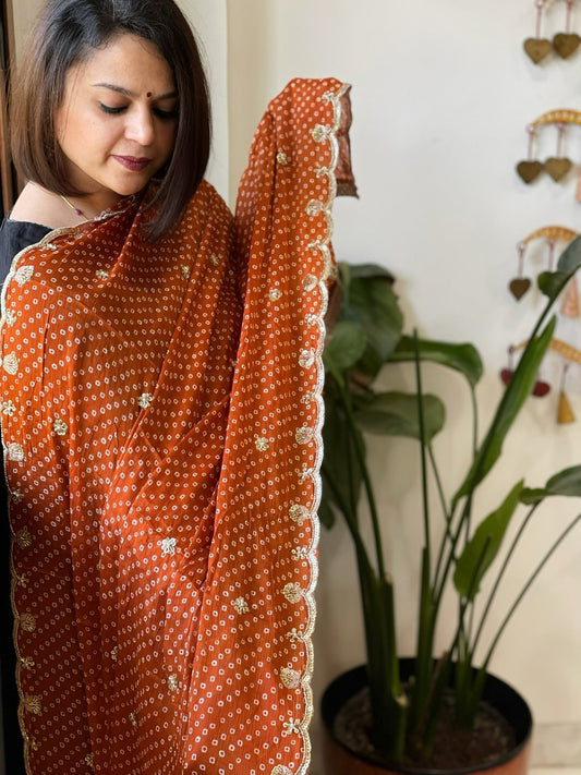 Rust Orange Printed Bandhej Chinon Dupatta with Sequin Butas and Border - Masakalee