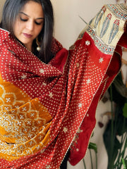 Rust Rai Bandhani, Ajrakh Dupatta with Gotapatti Handwork in Gajji Silk - Masakalee