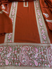 Rust Winter Suit Set with Aari Work in Pashmina Wool - Masakalee