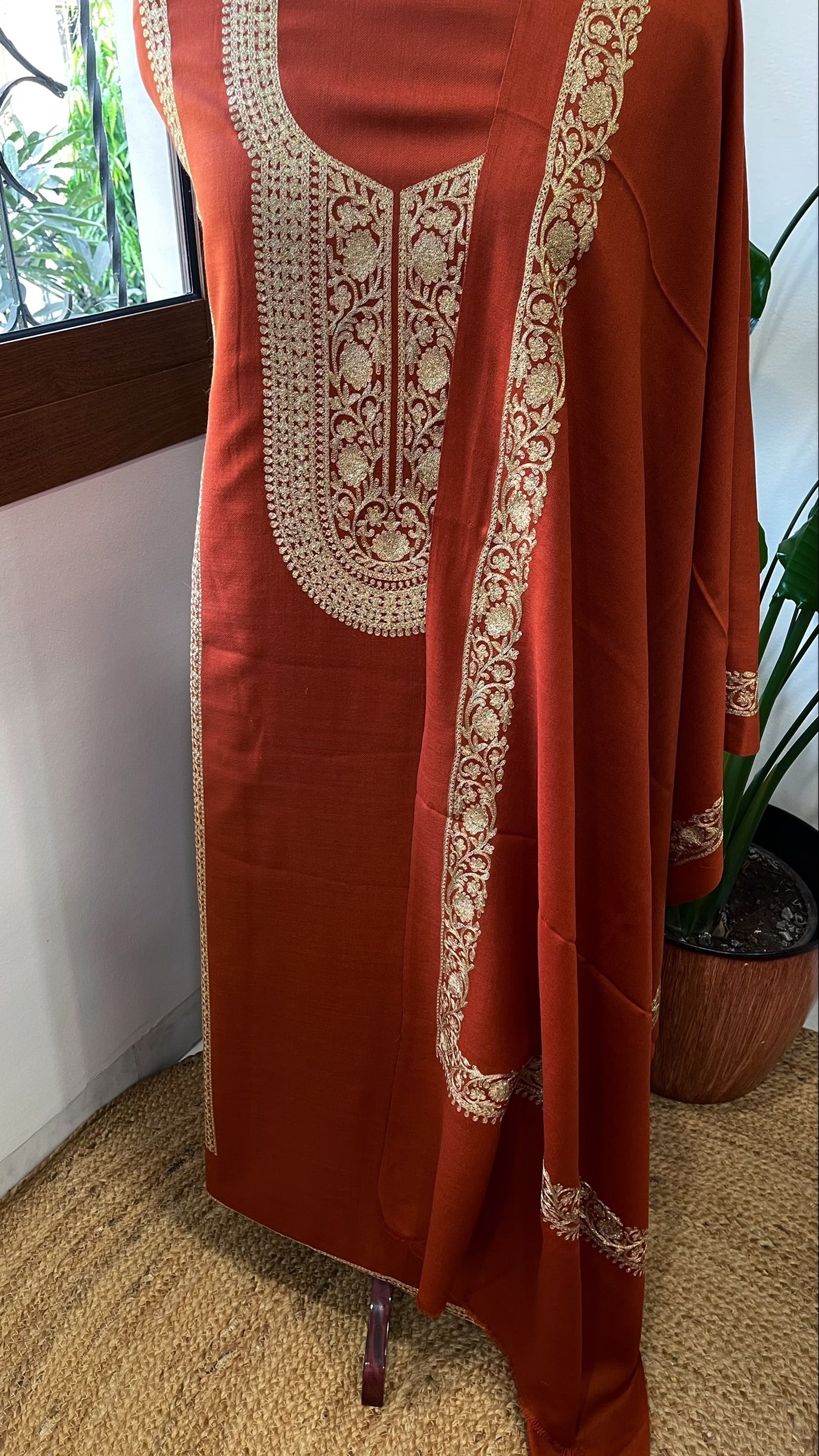 Rust Winter Suit Set with Aari Work in Pashmina Wool - Masakalee