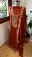 Rust Winter Suit Set with Aari Work in Pashmina Wool - Masakalee