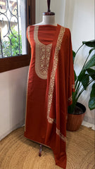 Rust Winter Suit Set with Aari Work in Pashmina Wool - Masakalee