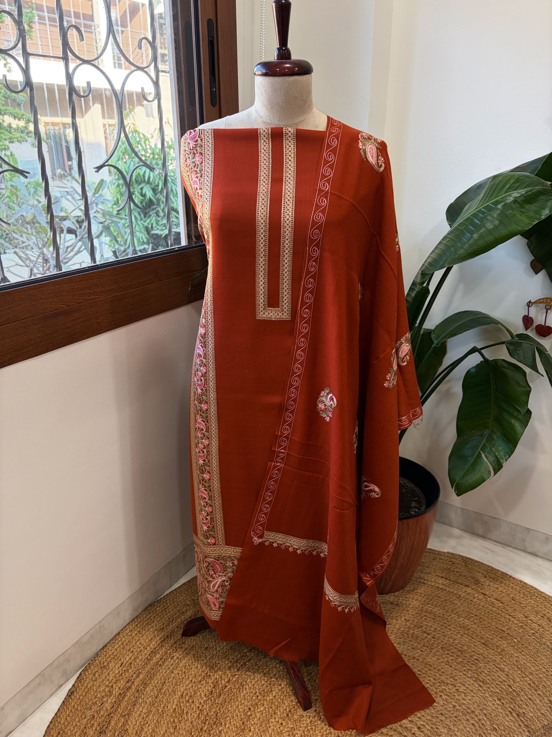 Rust Winter Suit Set with Aari Work in Pashmina Wool - Masakalee