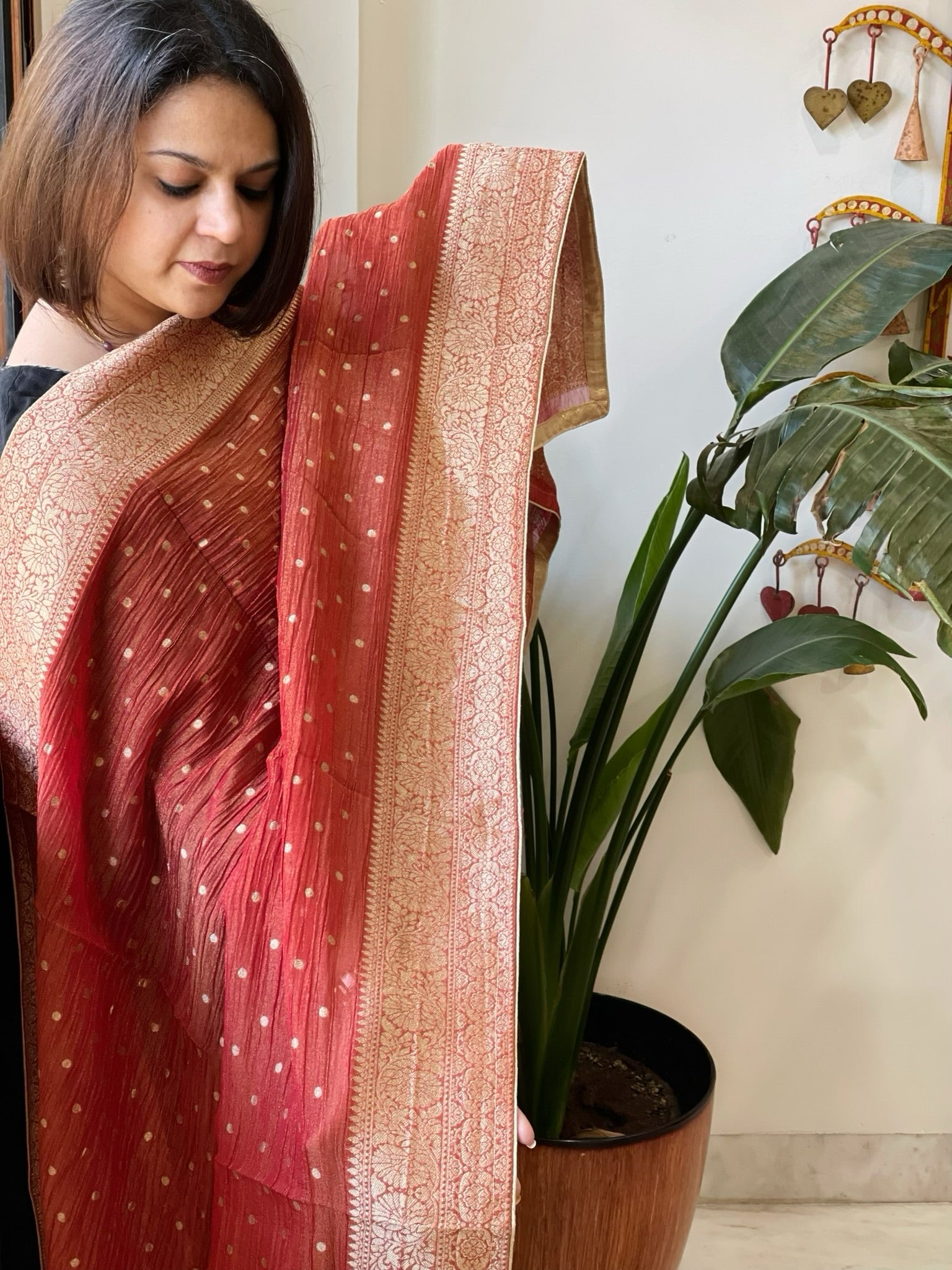 Rust Woven Banarasi Dupatta in Tissue - Masakalee