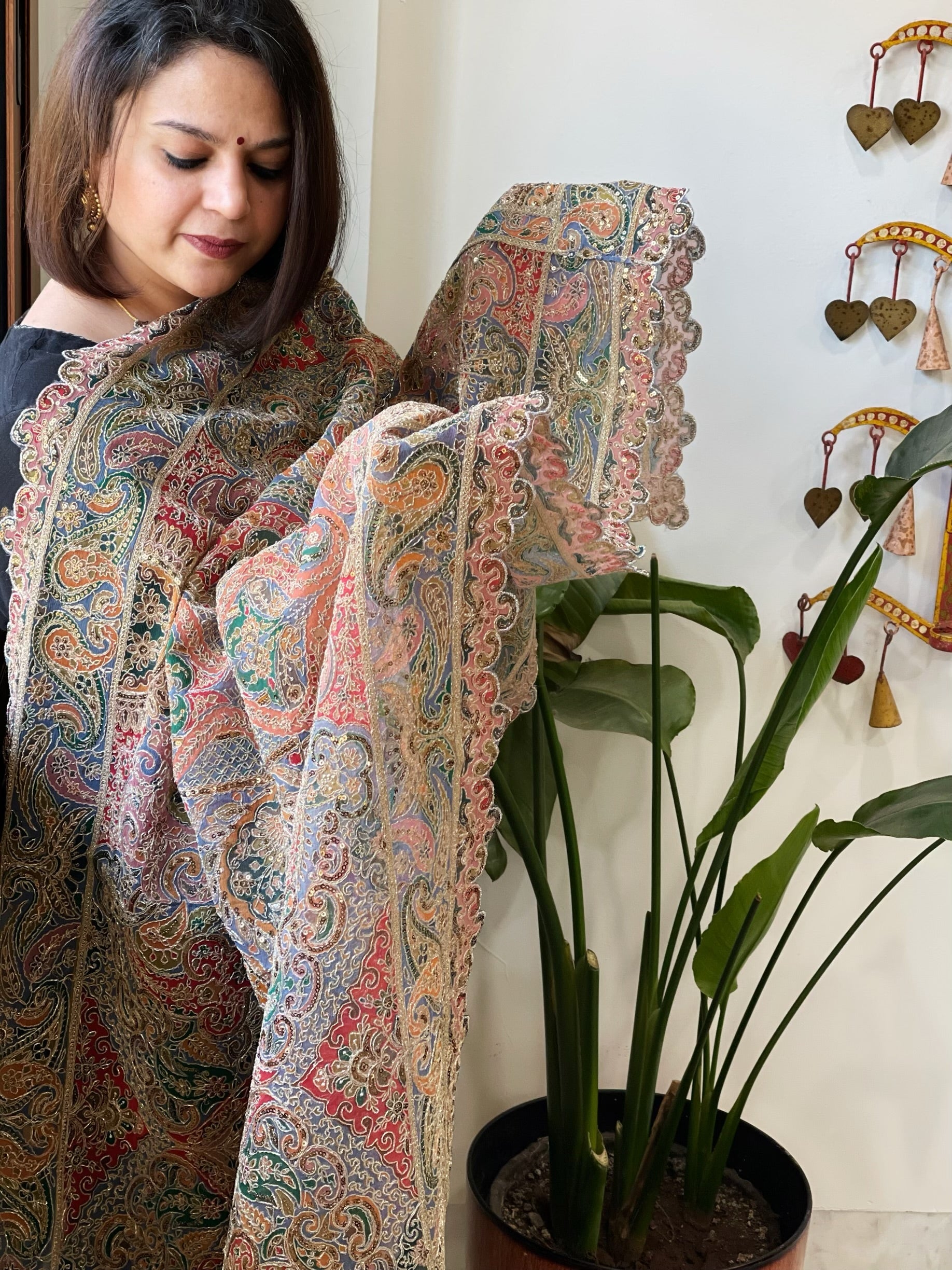 Salmon Pink Chinon Dupatta with Aari Embroidery - Masakalee