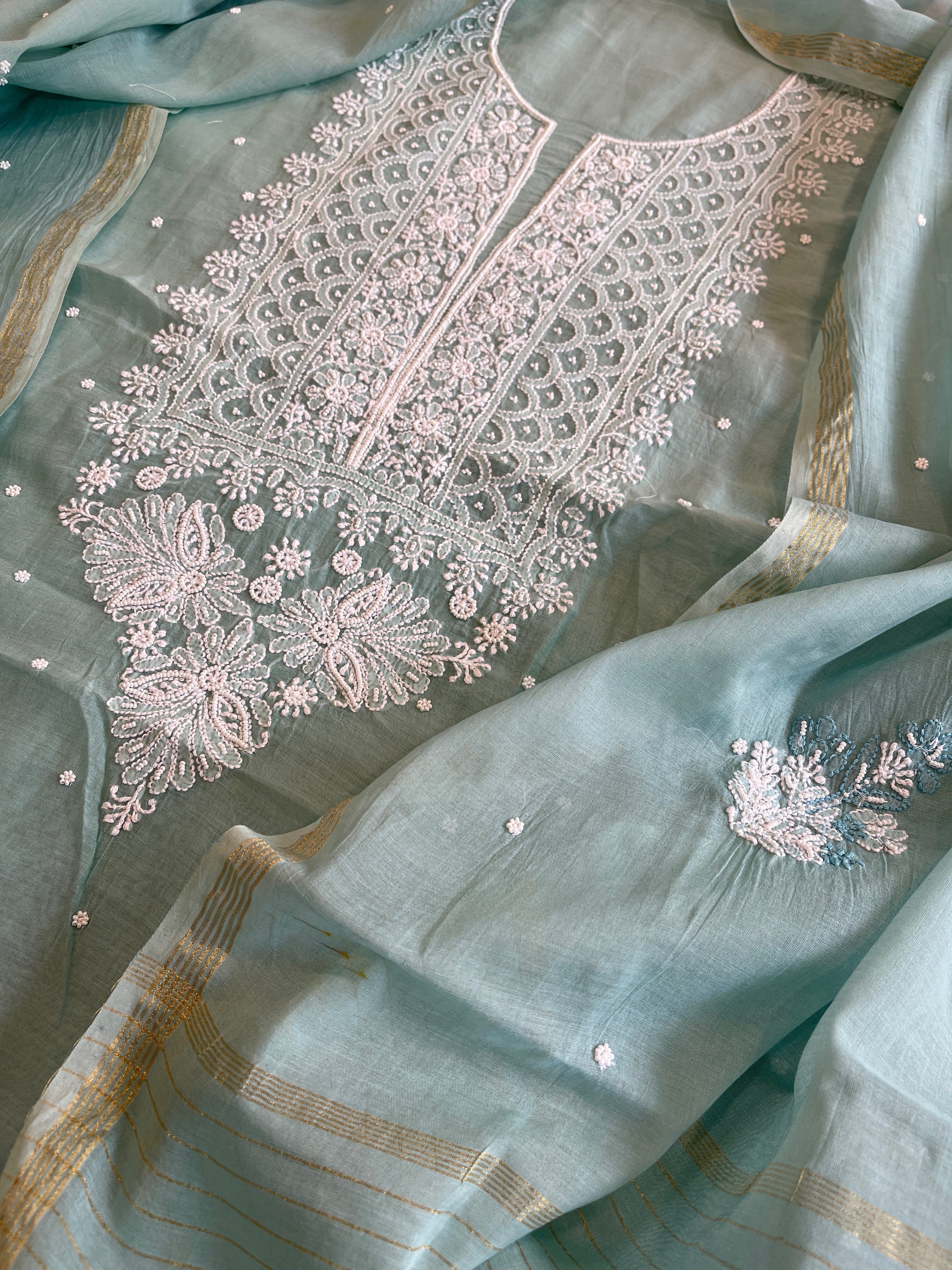 Sea Blue Suit Set with Lucknowi & Pearl Handwork in Pure Mul Cotton - Masakalee