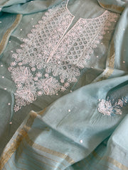 Sea Blue Suit Set with Lucknowi & Pearl Handwork in Pure Mul Cotton - Masakalee
