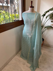 Sea Blue Suit Set with Lucknowi & Pearl Handwork in Pure Mul Cotton - Masakalee