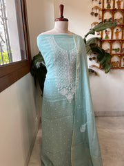 Sea Blue Suit Set with Lucknowi & Pearl Handwork in Pure Mul Cotton - Masakalee
