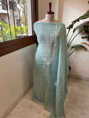 Sea Blue Suit Set with Lucknowi & Pearl Handwork in Pure Mul Cotton - Masakalee