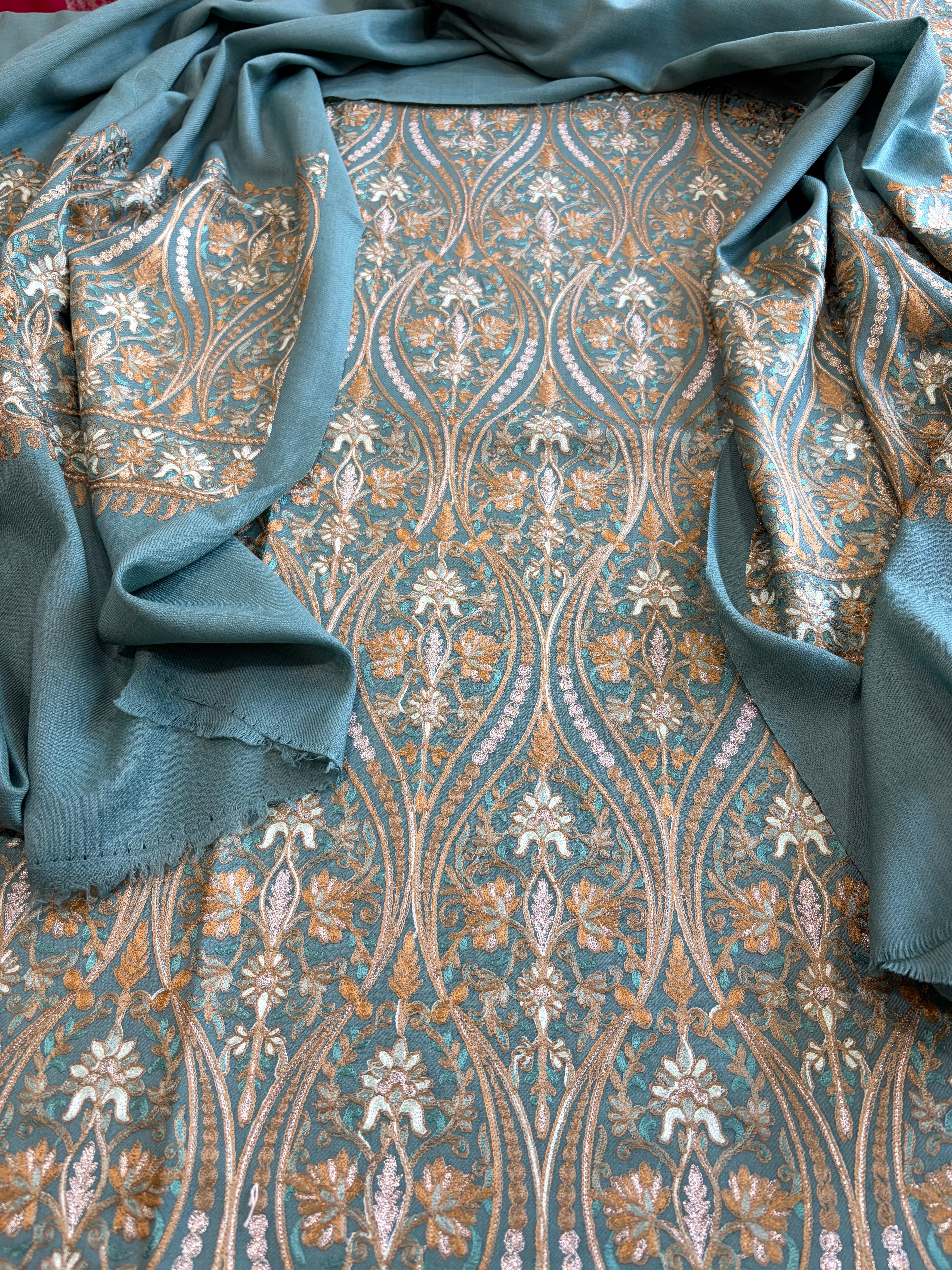 Sea Blue Winter Suit Set with Aari Work in Pashmina Wool - Masakalee