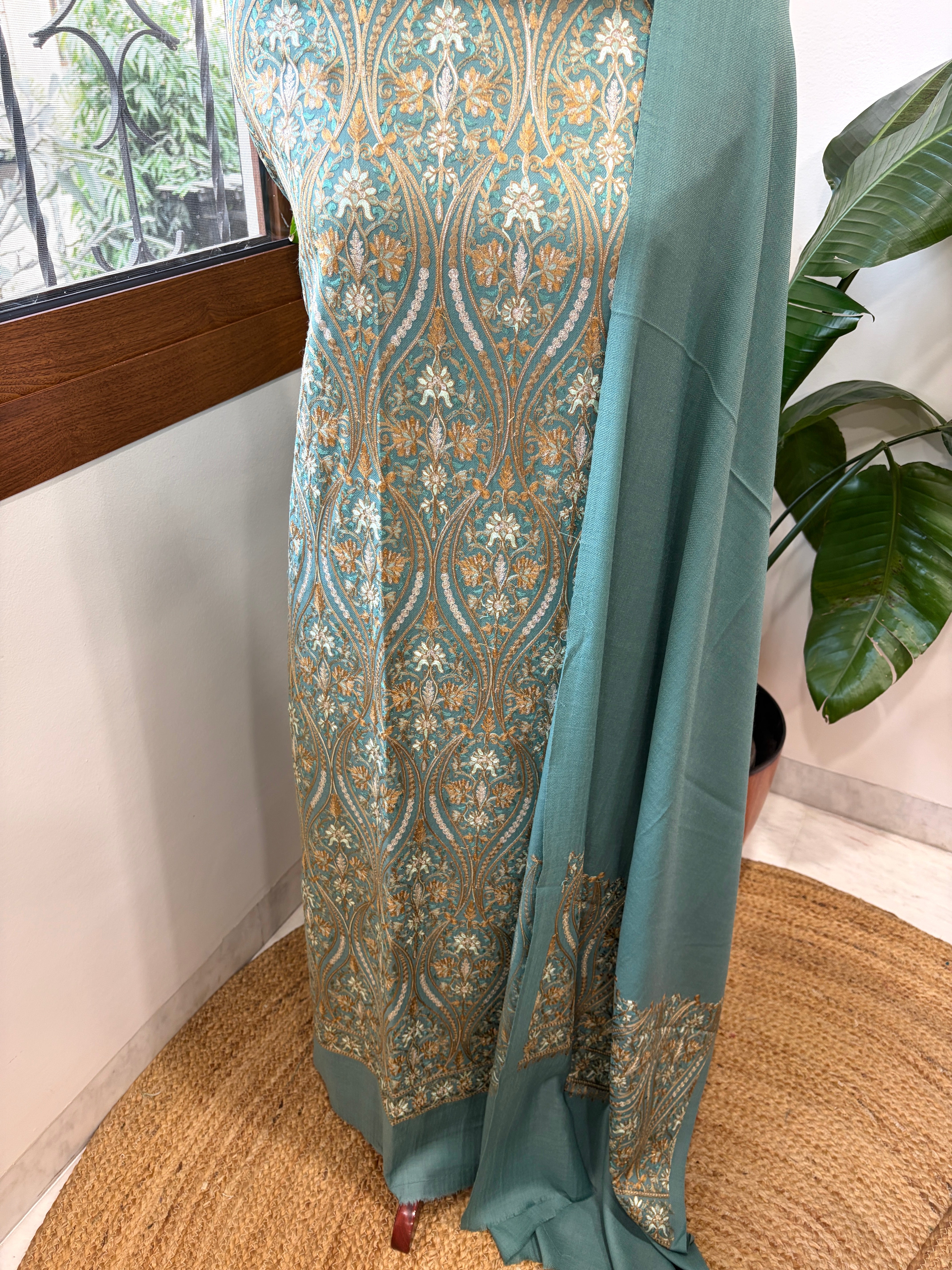 Sea Blue Winter Suit Set with Aari Work in Pashmina Wool - Masakalee