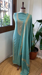 Sea Blue Winter Suit Set with Aari Work in Pashmina Wool - Masakalee