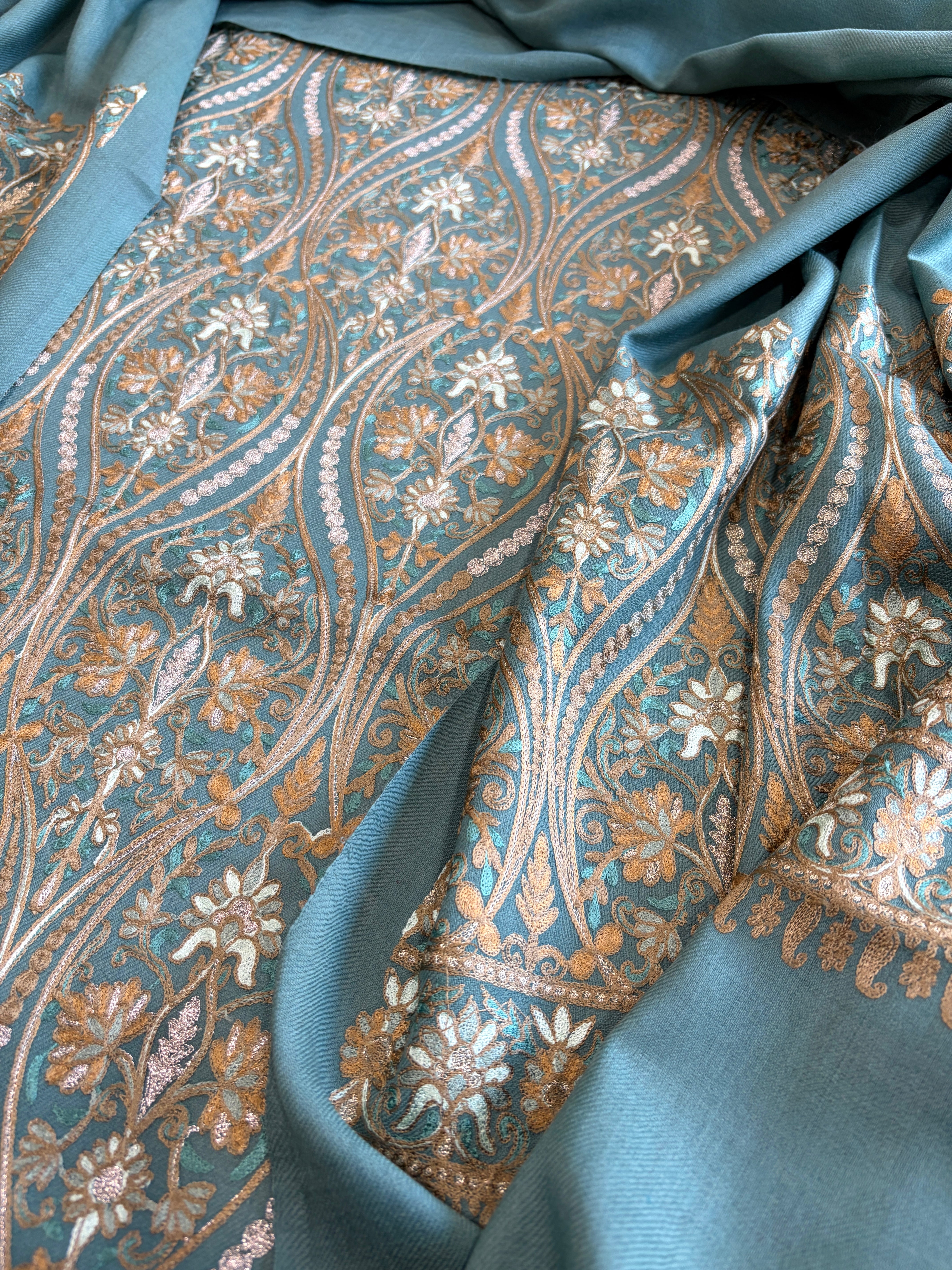 Sea Blue Winter Suit Set with Aari Work in Pashmina Wool - Masakalee