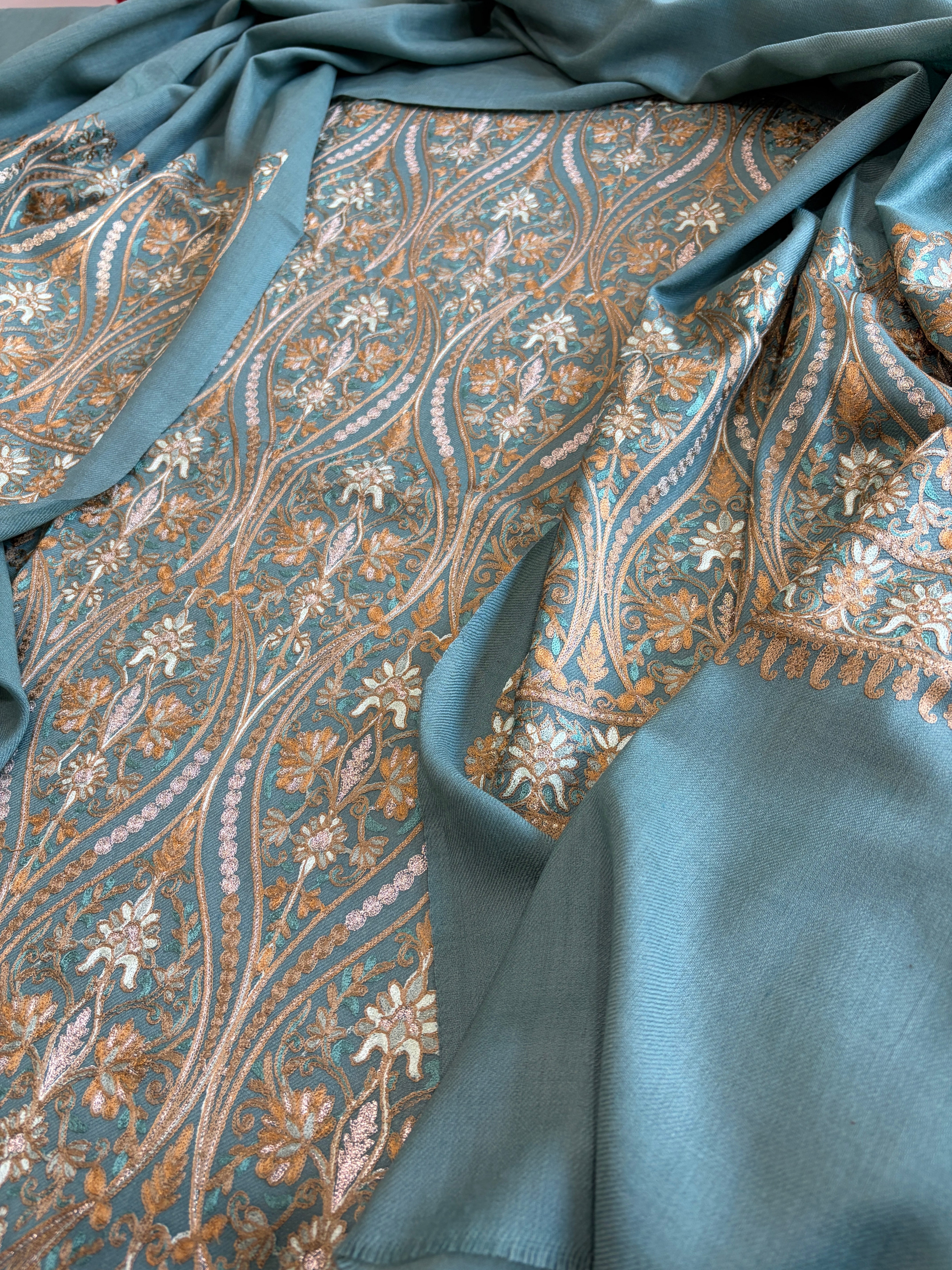 Sea Blue Winter Suit Set with Aari Work in Pashmina Wool - Masakalee