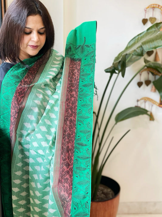 Sea Green Handwoven Ikat Dupatta with Handpainted Madhubani in Cotton - Masakalee