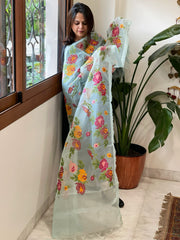 Sea Green Organza Dupatta with cross - stitch embroidery - Masakalee