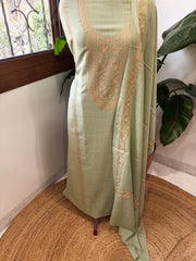 Sea Green Winter Suit Set with Aari Work in Pashmina Wool - Masakalee