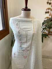 Silver Grey Suit Set with Pearl, Cut Daana and Mukaish Handwork in Pure Mul Chanderi - Masakalee
