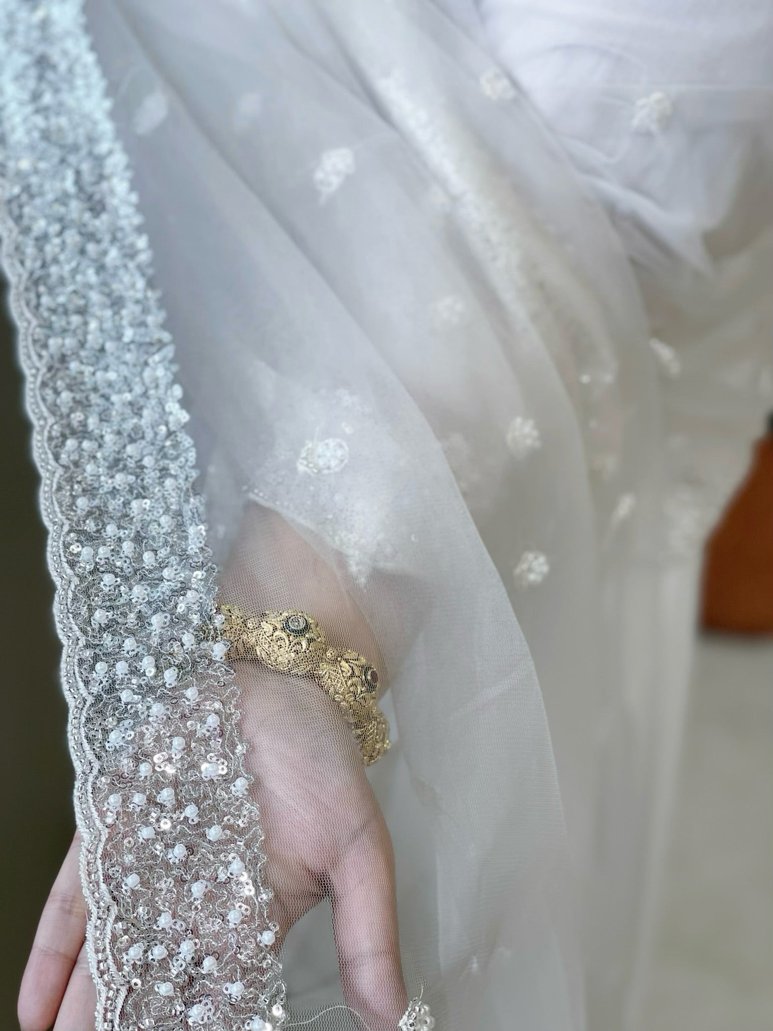 Silver Net Dupatta with Sequin and Pearl Embroidery - Masakalee