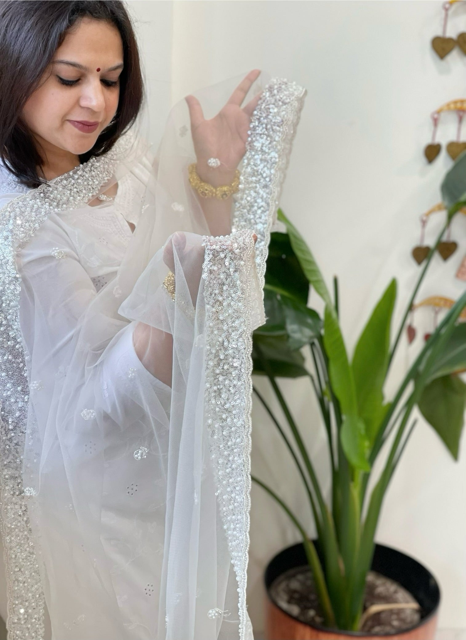 Silver Net Dupatta with Sequin and Pearl Embroidery - Masakalee
