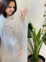 Silver Net Dupatta with Sequin and Pearl Embroidery - Masakalee