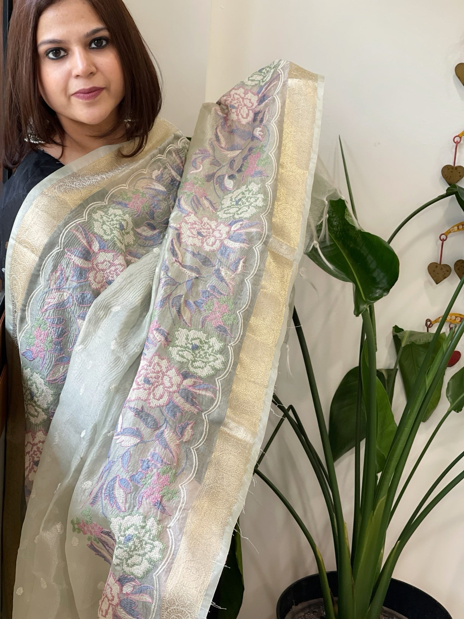 Silver Tissue Dupatta with Organza Embroidered Border - Masakalee