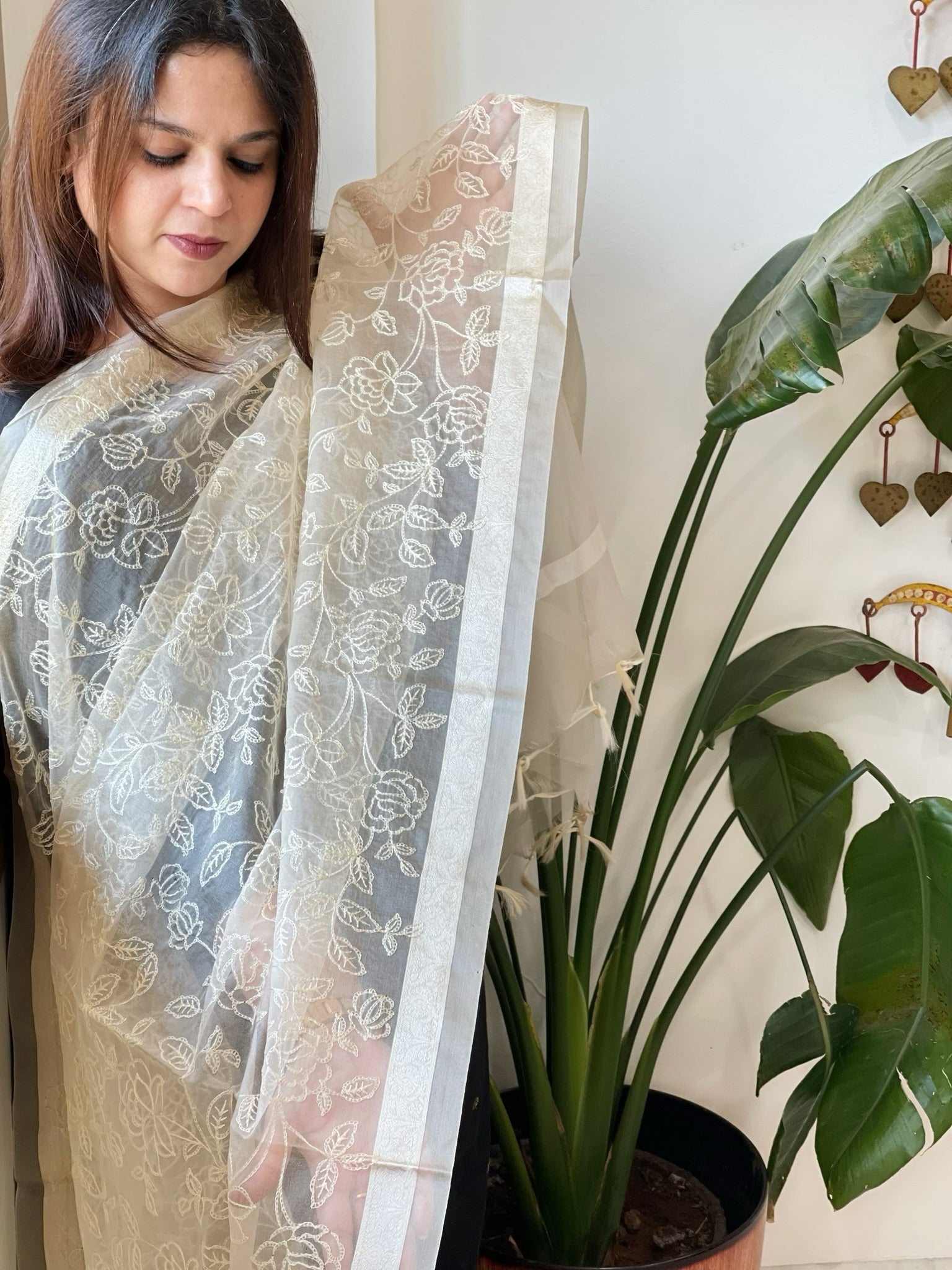Skin Organza Dupatta with Thread Jaal Embroidery - Masakalee