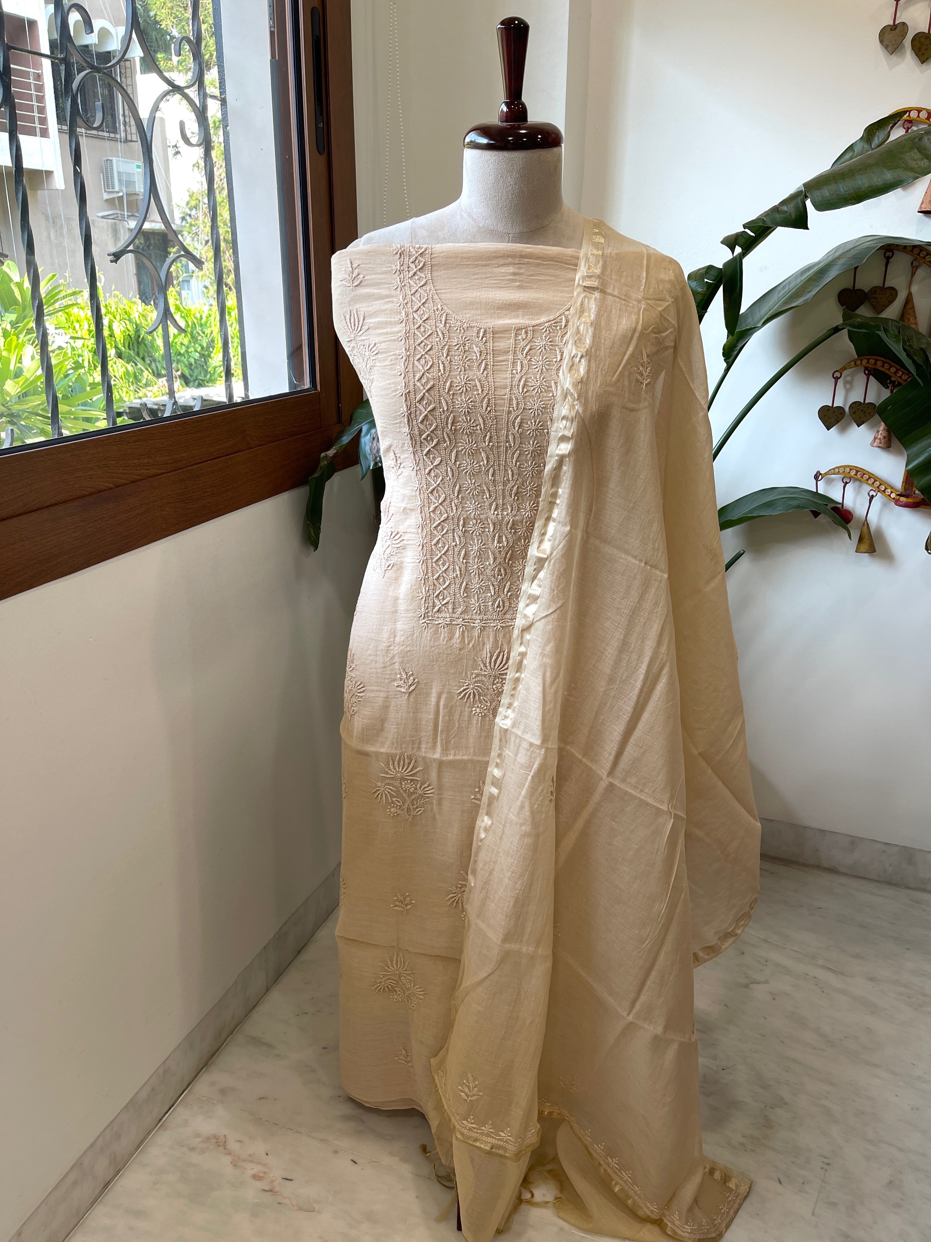 Skin Suit Set with Lucknowi Handwork in Pure Mul Chanderi - Masakalee