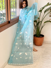 Sky Blue Applique handwork Dupatta in Kota Cotton - Masakalee