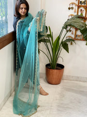 Sky Blue Net Dupatta with Pearl, Sequin and Cut Daana Embroidery - Masakalee