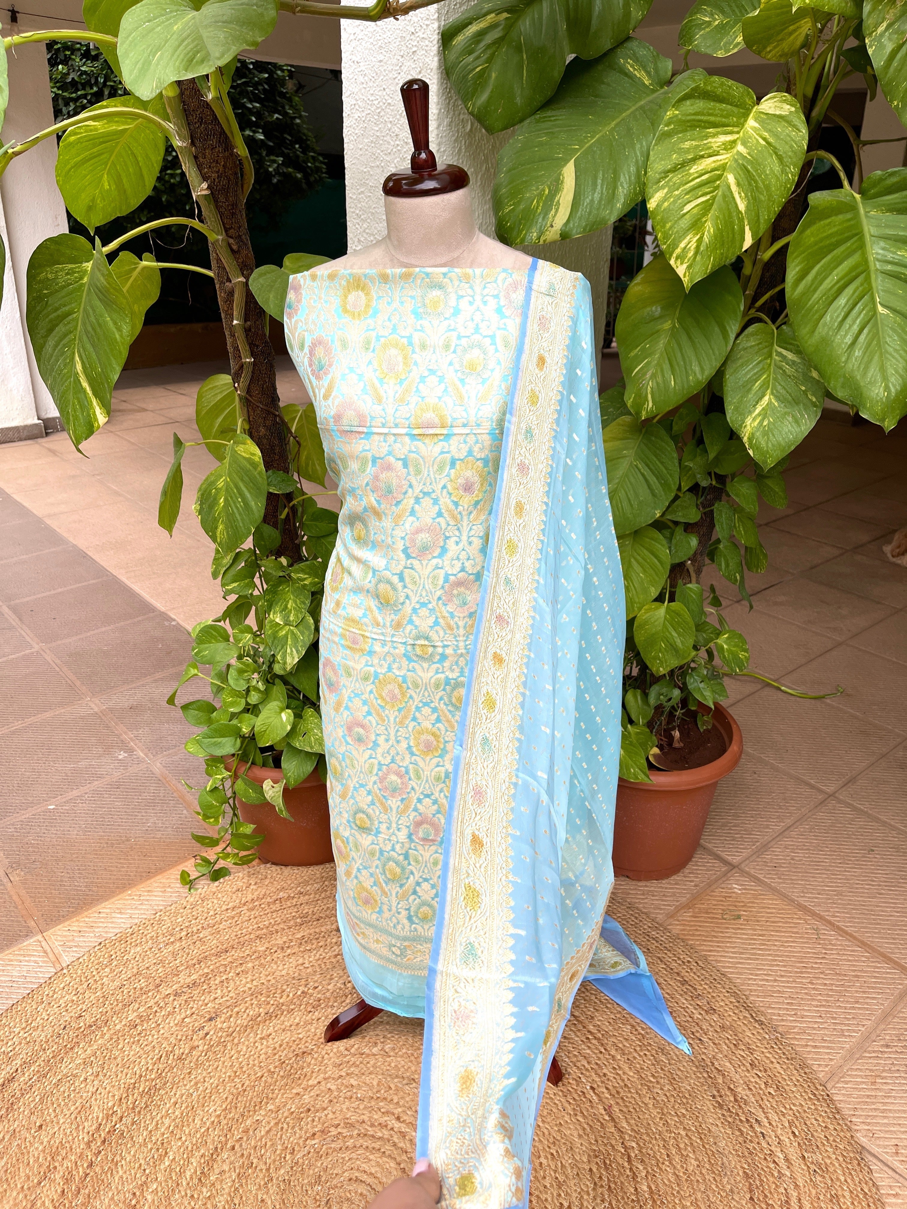 Sky Handwoven Khaddi 3 - Piece Suit Set in Pure Georgette - Masakalee