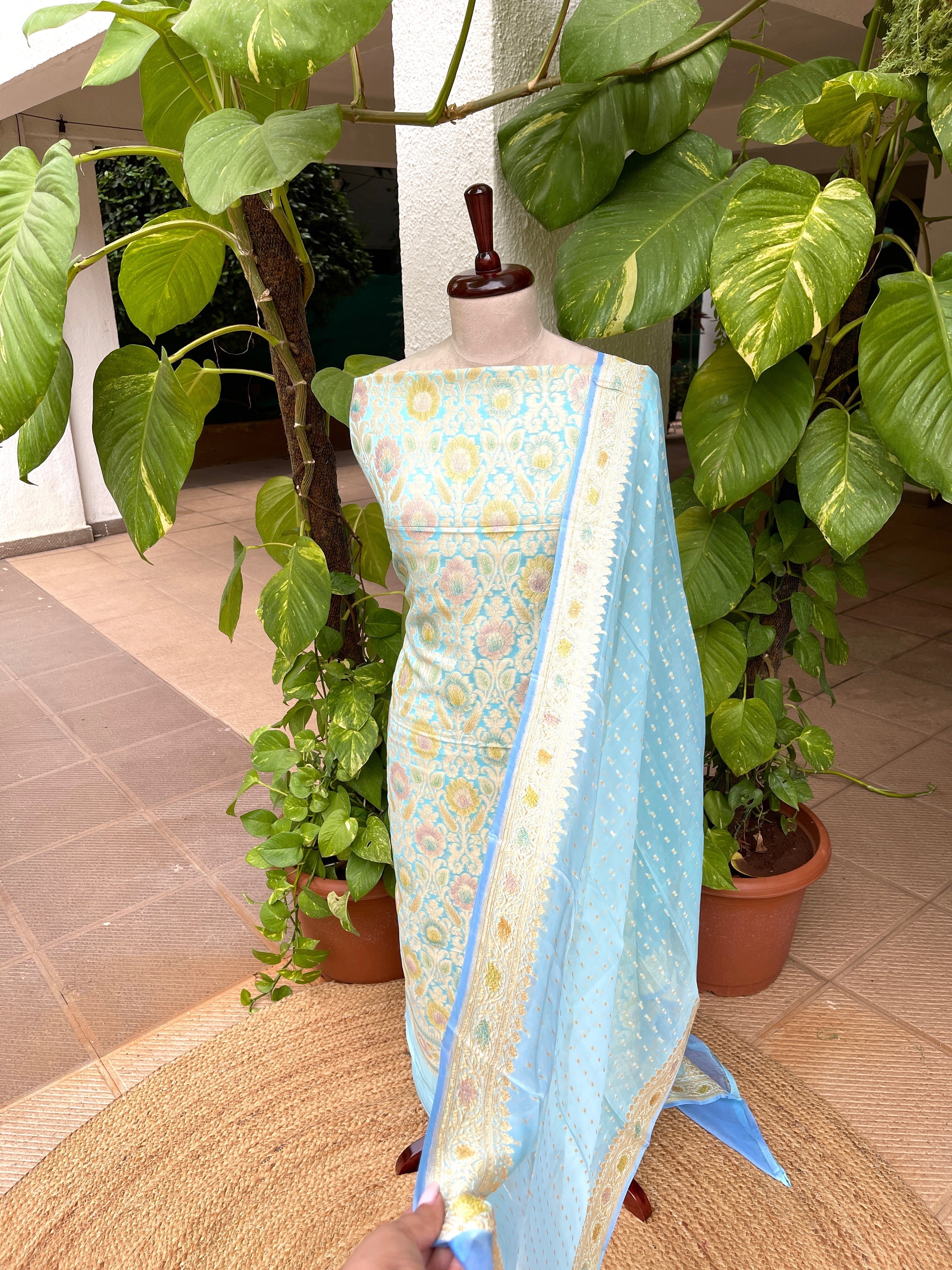 Sky Handwoven Khaddi 3 - Piece Suit Set in Pure Georgette - Masakalee