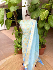Sky Handwoven Khaddi 3 - Piece Suit Set in Pure Georgette - Masakalee