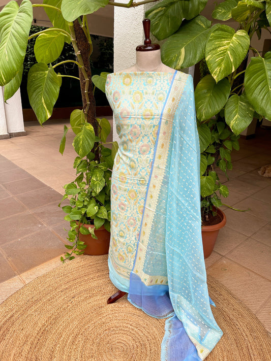 Sky Handwoven Khaddi 3 - Piece Suit Set in Pure Georgette - Masakalee