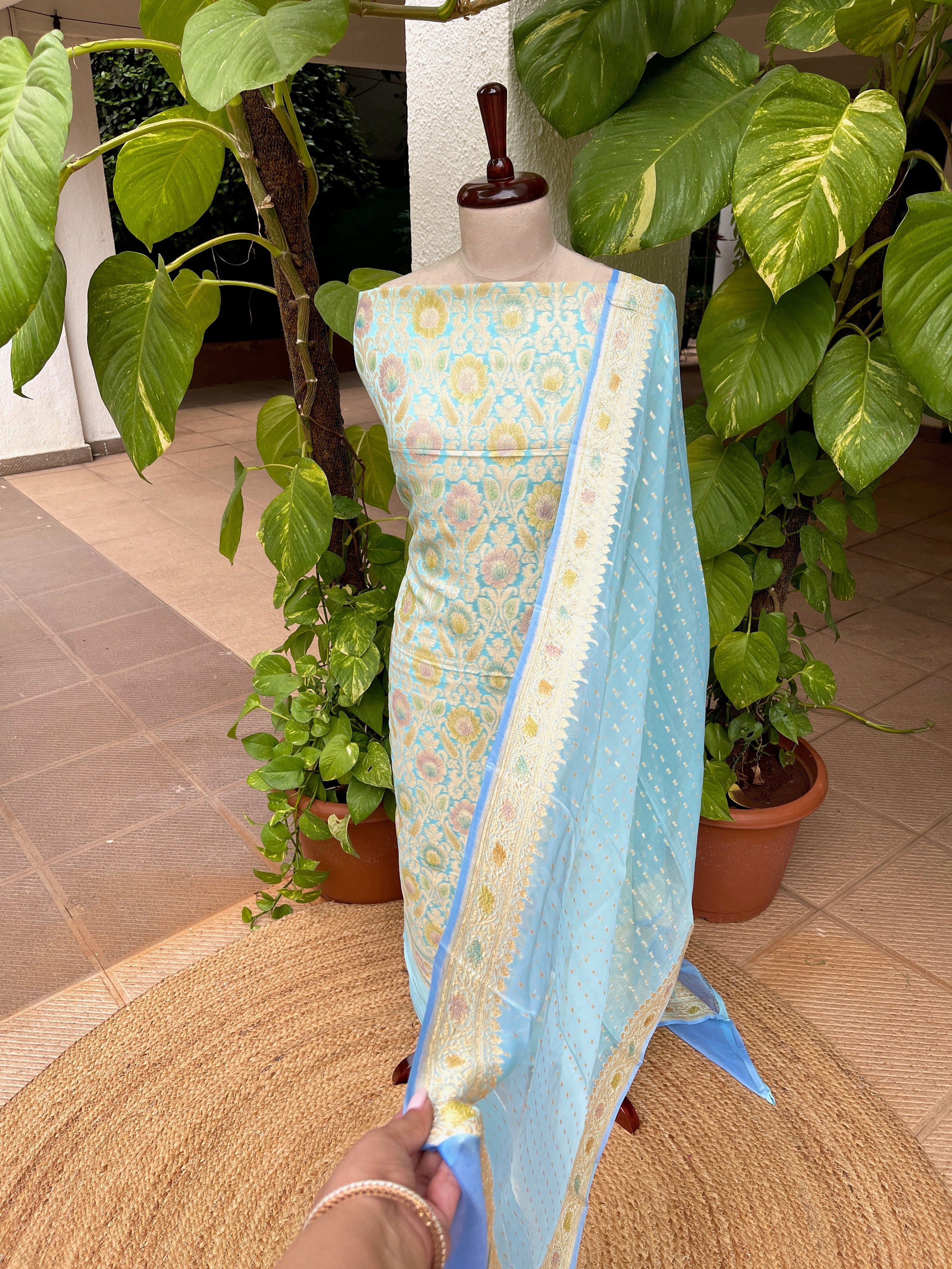Sky Handwoven Khaddi 3 - Piece Suit Set in Pure Georgette - Masakalee
